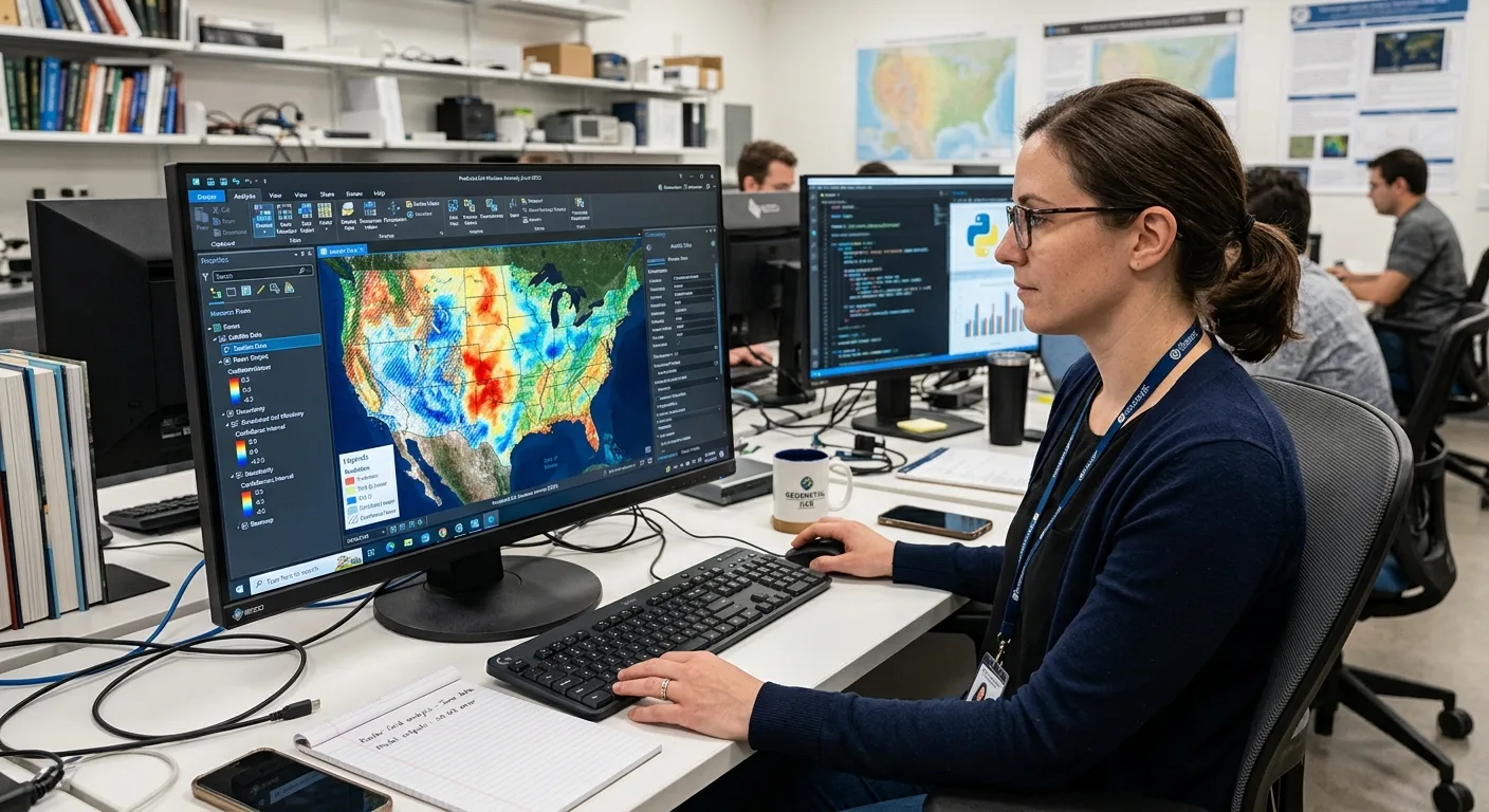 Geospatial satellite data visualization showing environmental model outputs with uncertainty bands on a GIS workstation
