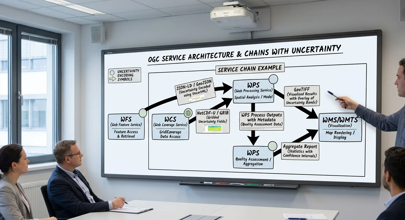 OGC web service architecture diagram showing WPS WCS WFS chain with uncertainty encoding annotations