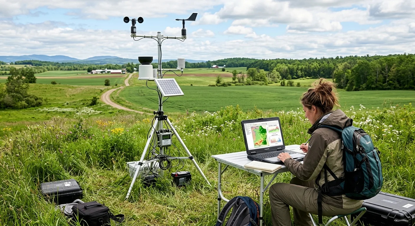 Environmental monitoring station with sensors and field equipment, laptop showing earth observation spatial data layers